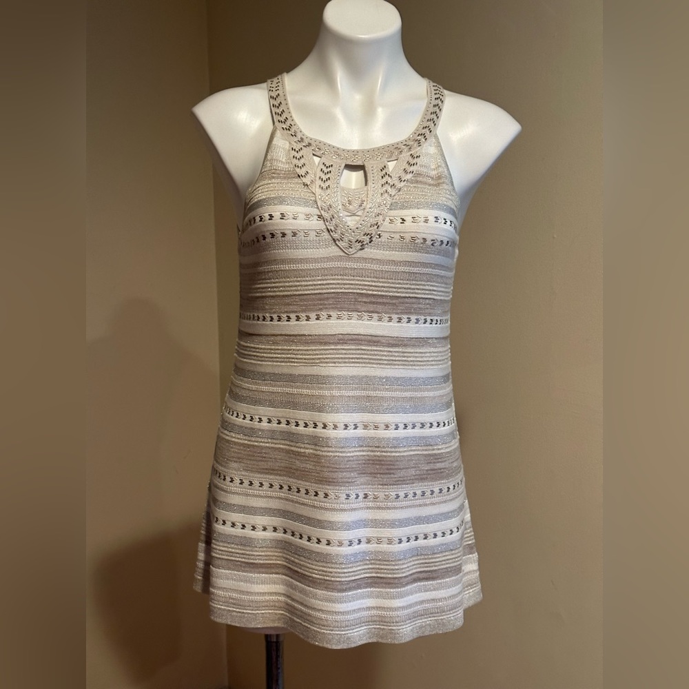 White House Black Market Beaded Knit metallic White Silver & Light Brown SZ S